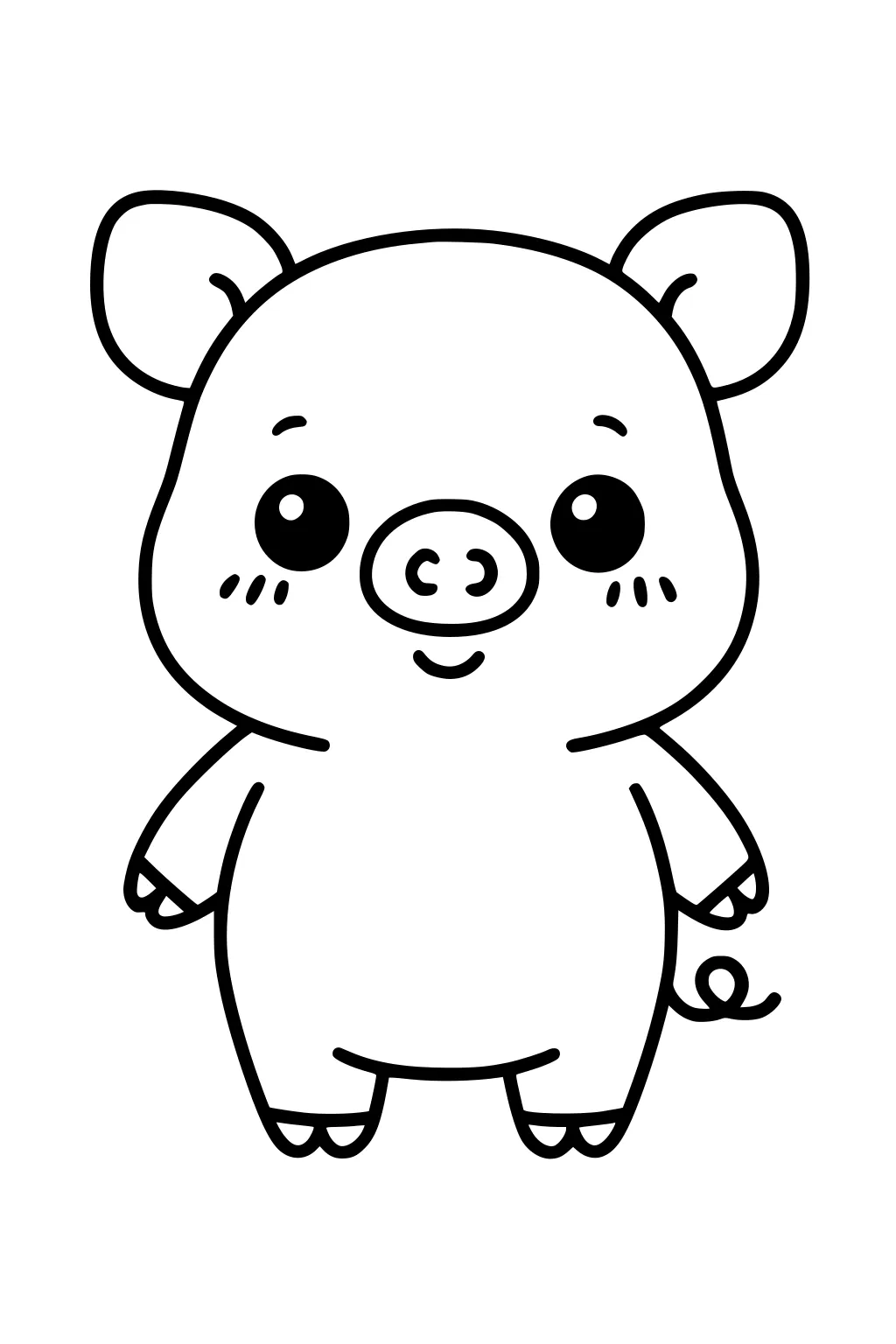 Cartoon pig with round body, big ears, small hooves, curly tail and a smiling face standing upright.