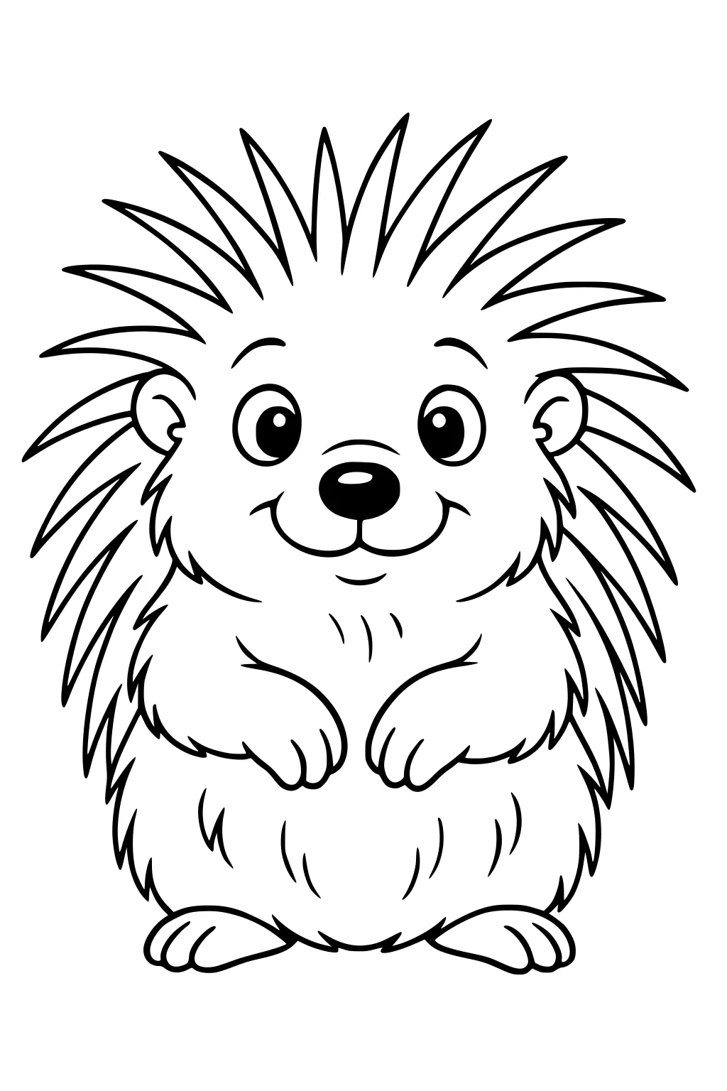 Cartoon porcupine with fluffy fur, round eyes, small nose, tiny paws, and long pointed quills all around its body.