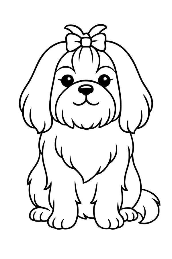 Free Dog Coloring Page - Fluffy Puppy With Big Bow (Printable PDF)