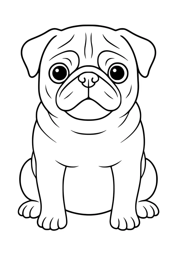 Free Pug Puppy Coloring Page - Cute Cartoon Dog Sitting (Printable PDF)
