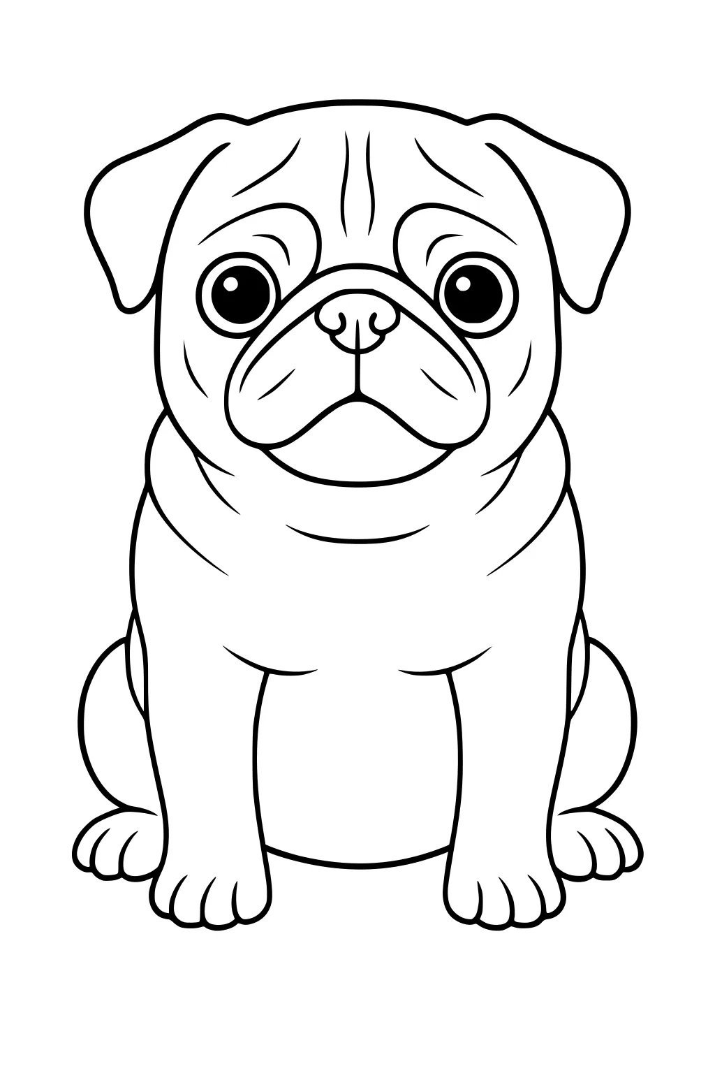 Cartoon pug dog sitting facing forward with big eyes, floppy ears, wrinkled face, and round body.