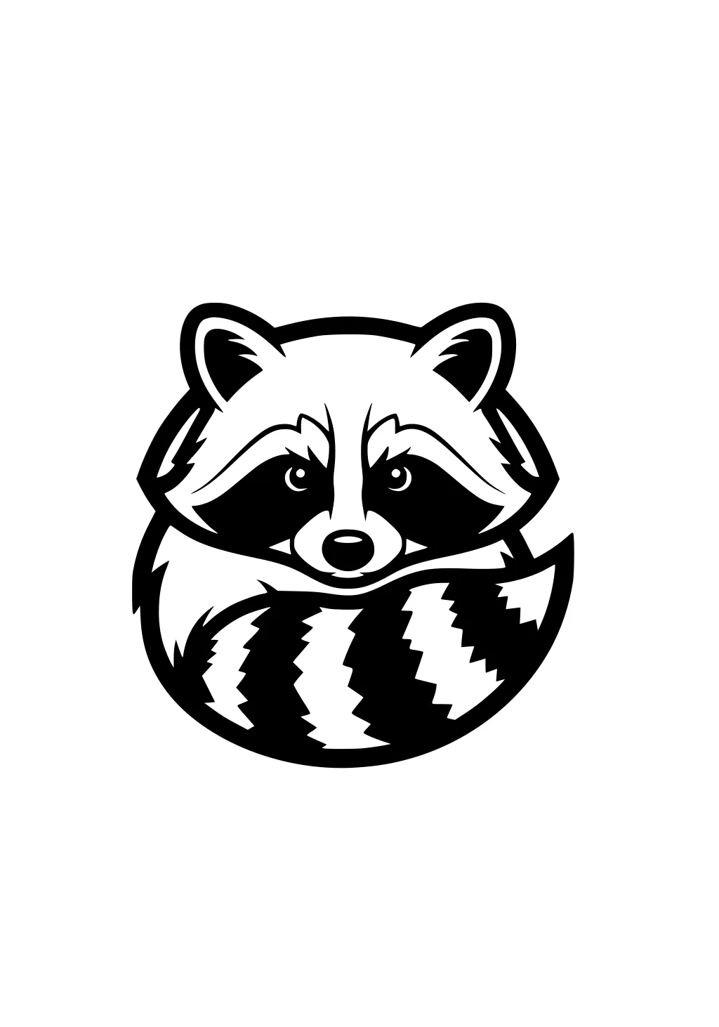 Cartoon raccoon sitting with bushy striped tail around its body, big round eyes, and pointed ears.