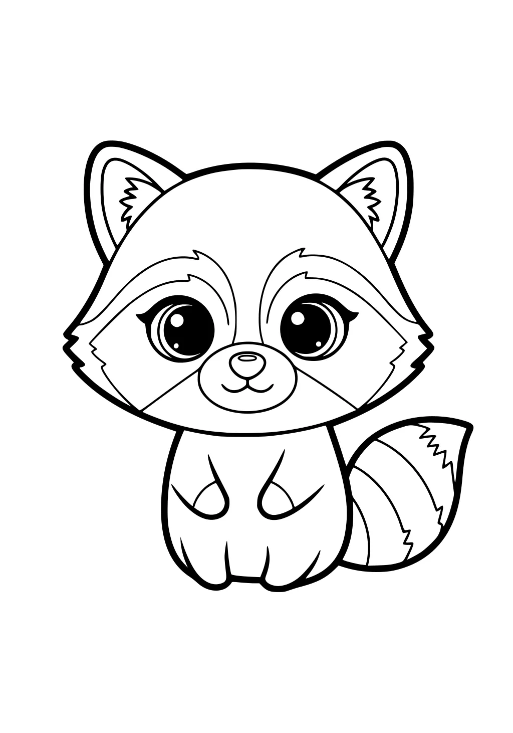 Cartoon raccoon sitting with big round eyes, bushy striped tail, and perked ears on a plain background.