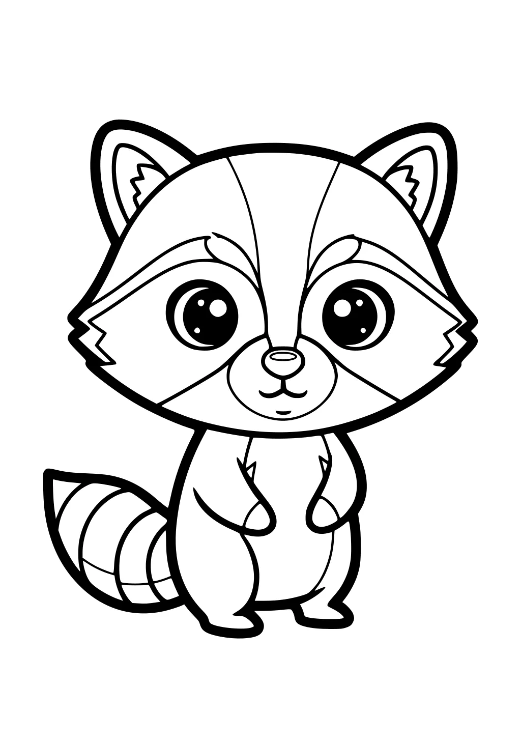 Cartoon raccoon with big eyes, upright ears, striped tail, and small paws on its belly.