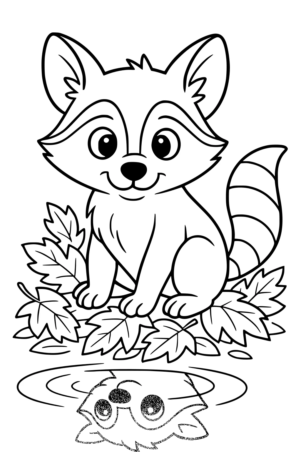 Cartoon raccoon sitting among leaves, looking at its own reflection in a pond with ripples.