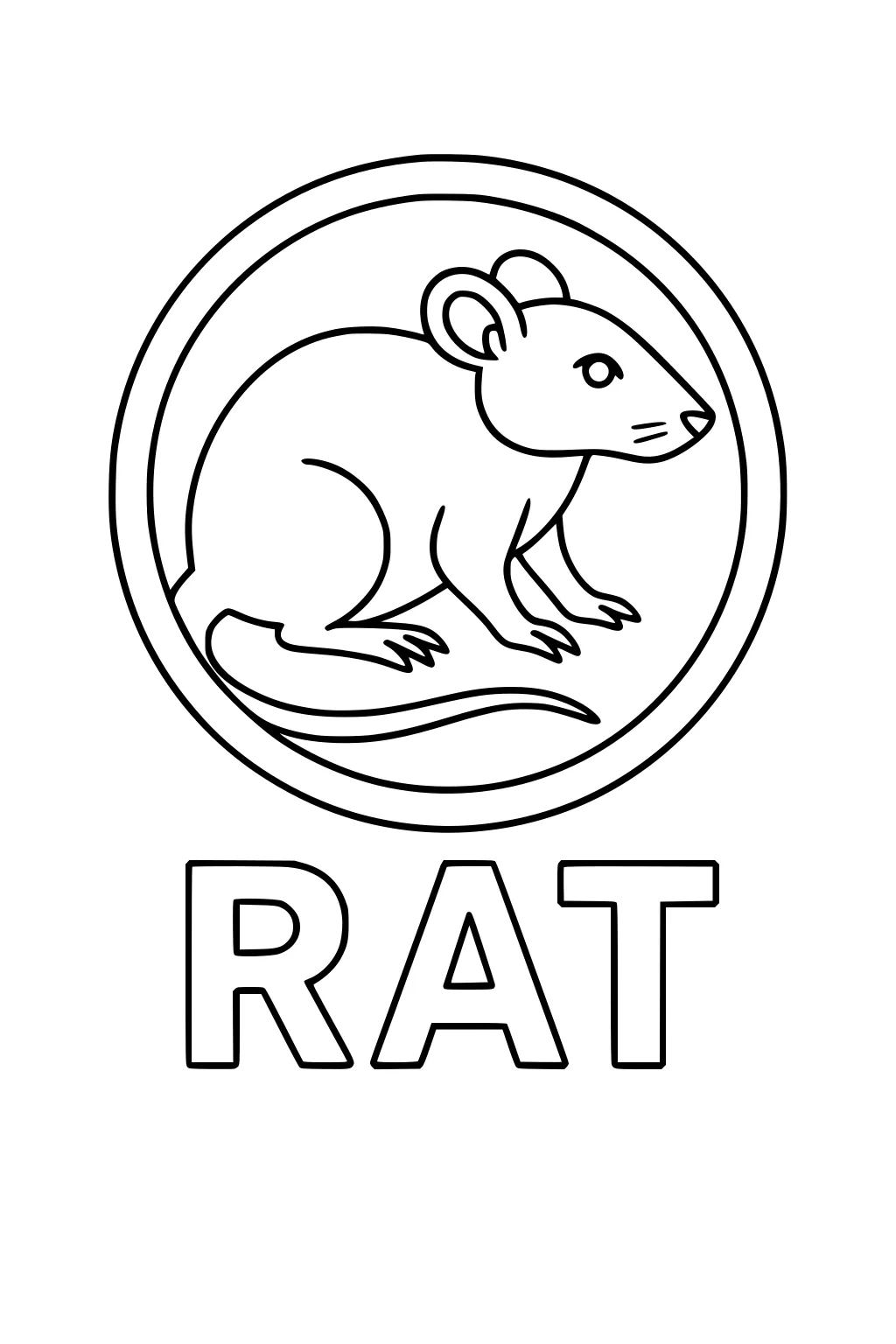 Outline drawing of a rat inside a circle with the word RAT underneath in large letters.