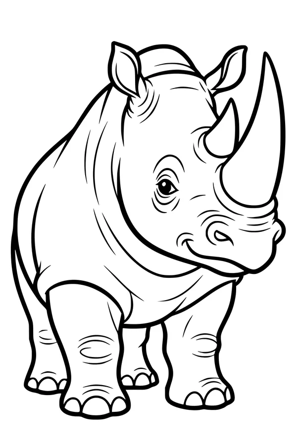 Free Rhinoceros Coloring Page - Cute Cartoon Rhino Standing Forward (Printable PDF)