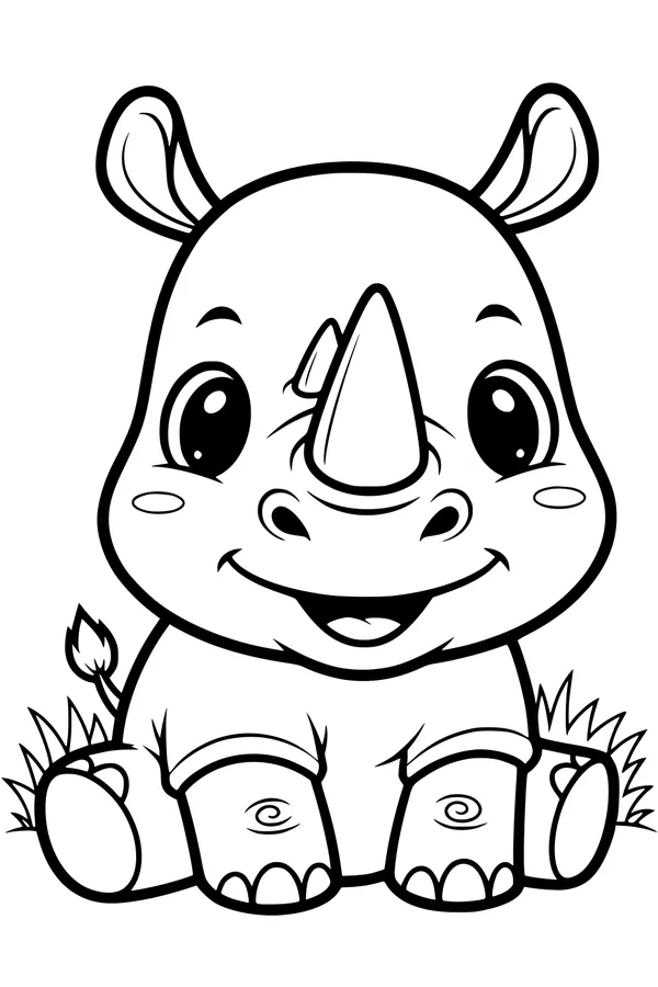 Free Rhino Coloring Page - Happy Baby Rhino in Grass (Printable PDF)