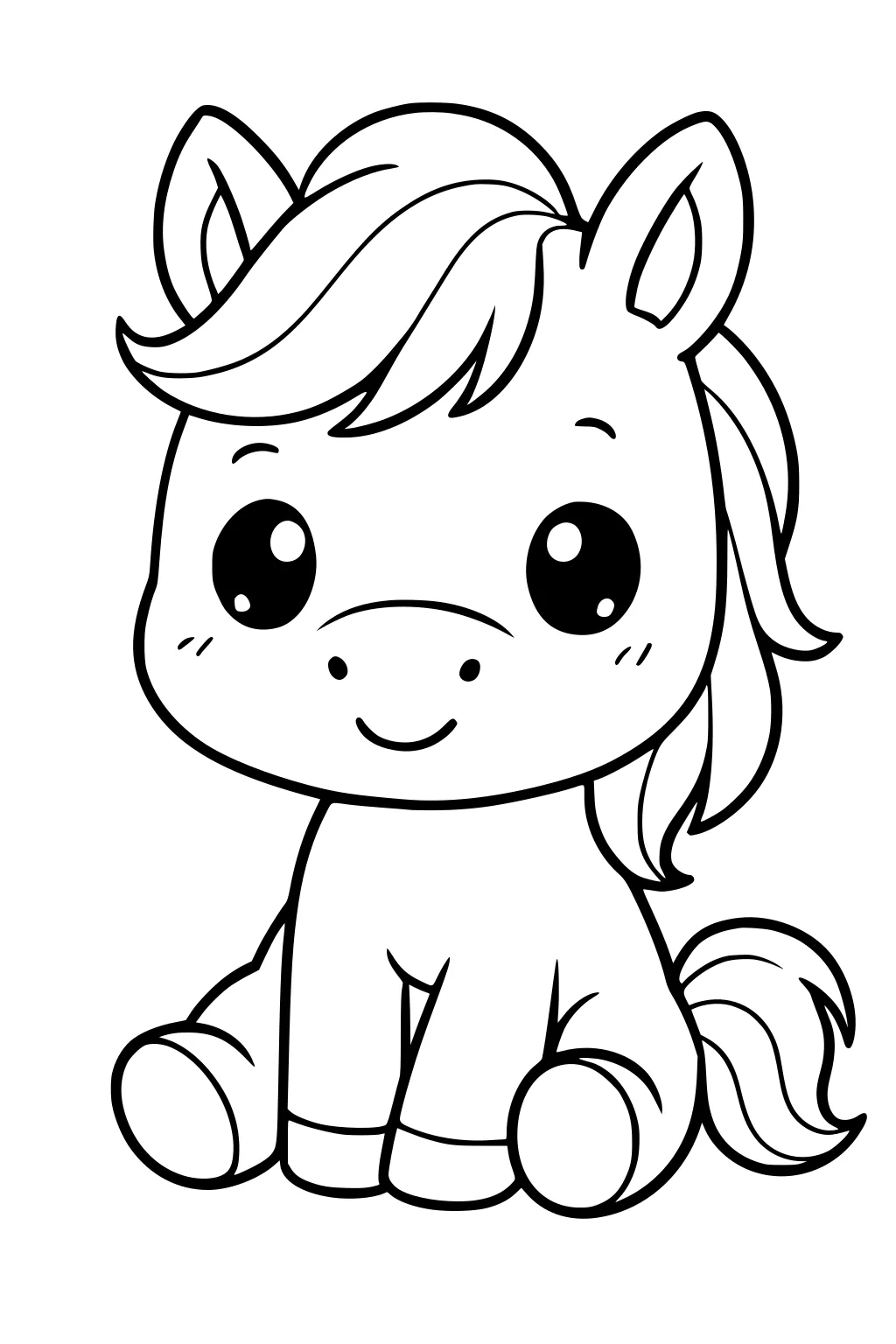 Cartoon baby horse with big eyes, fluffy mane, sitting on its haunches with round cheeks and a happy smile.