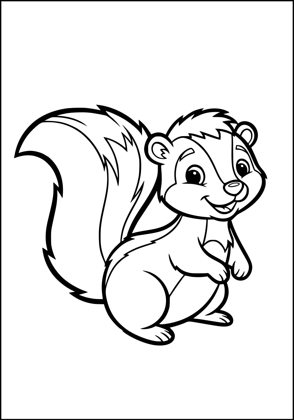 Cartoon skunk standing upright and smiling with a bushy striped tail and big eyes.
