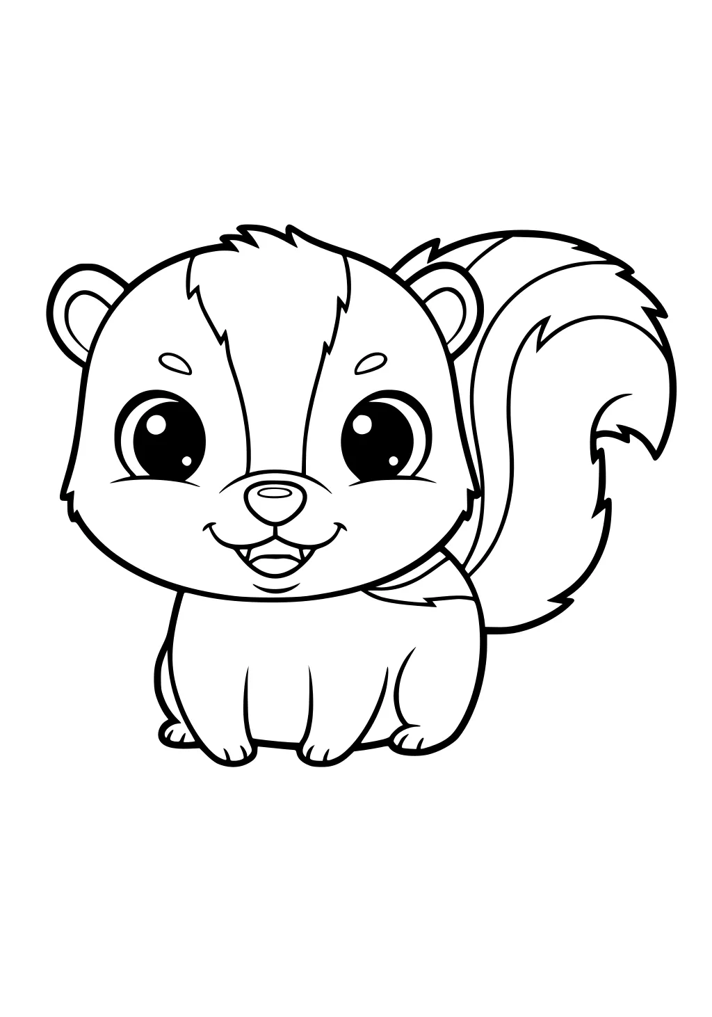 Cartoon skunk with fluffy tail, large round eyes, and a big smile, sitting facing forward.