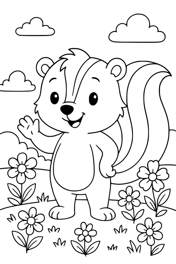 Free Skunk Coloring Page - Happy Cartoon Skunk in Flower Meadow (Printable PDF)