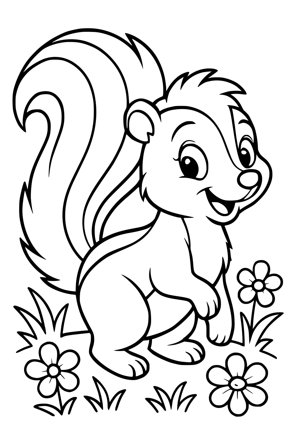 Cartoon skunk with fluffy tail, smiling in a field of grass and flowers.