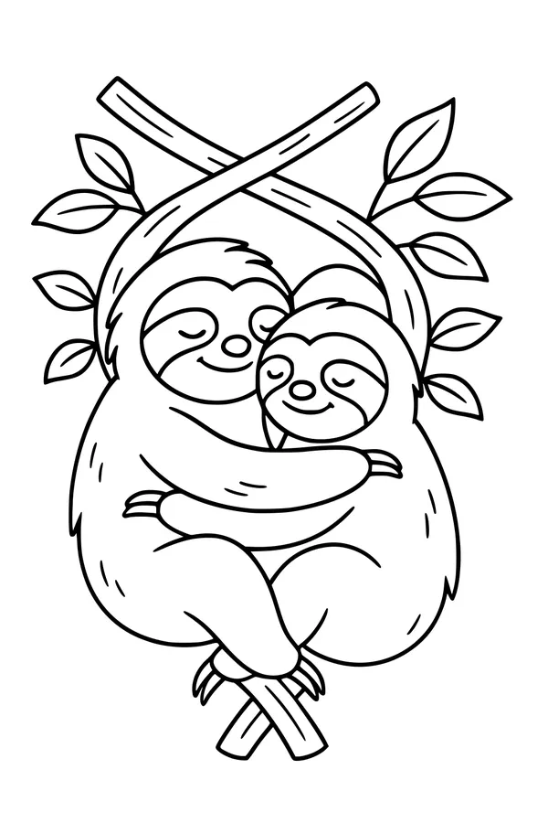Free Sloth Coloring Page - Snuggly Sloths Hugging On Tree Branches (Printable PDF)