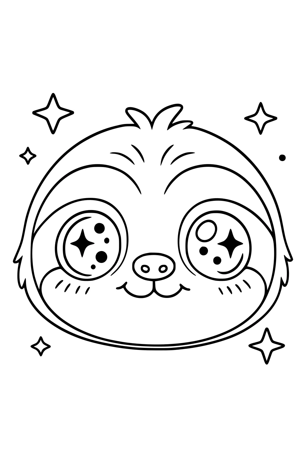 Big-eyed smiling sloth face with tufts of fur and stars around it. Simple, cartoon lines with open space for coloring.