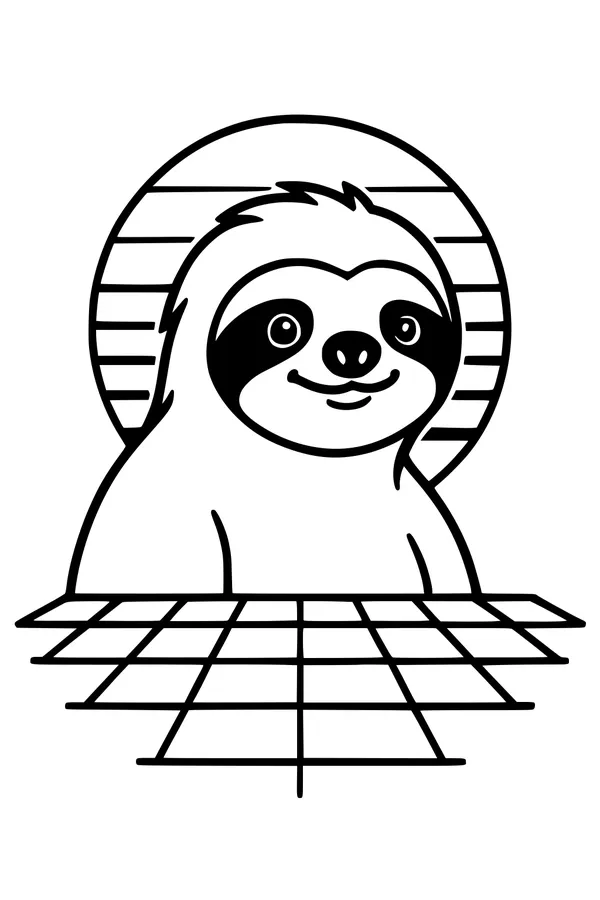Free Sloth Coloring Page - Smiling Sloth at Checkered Table (Printable PDF)