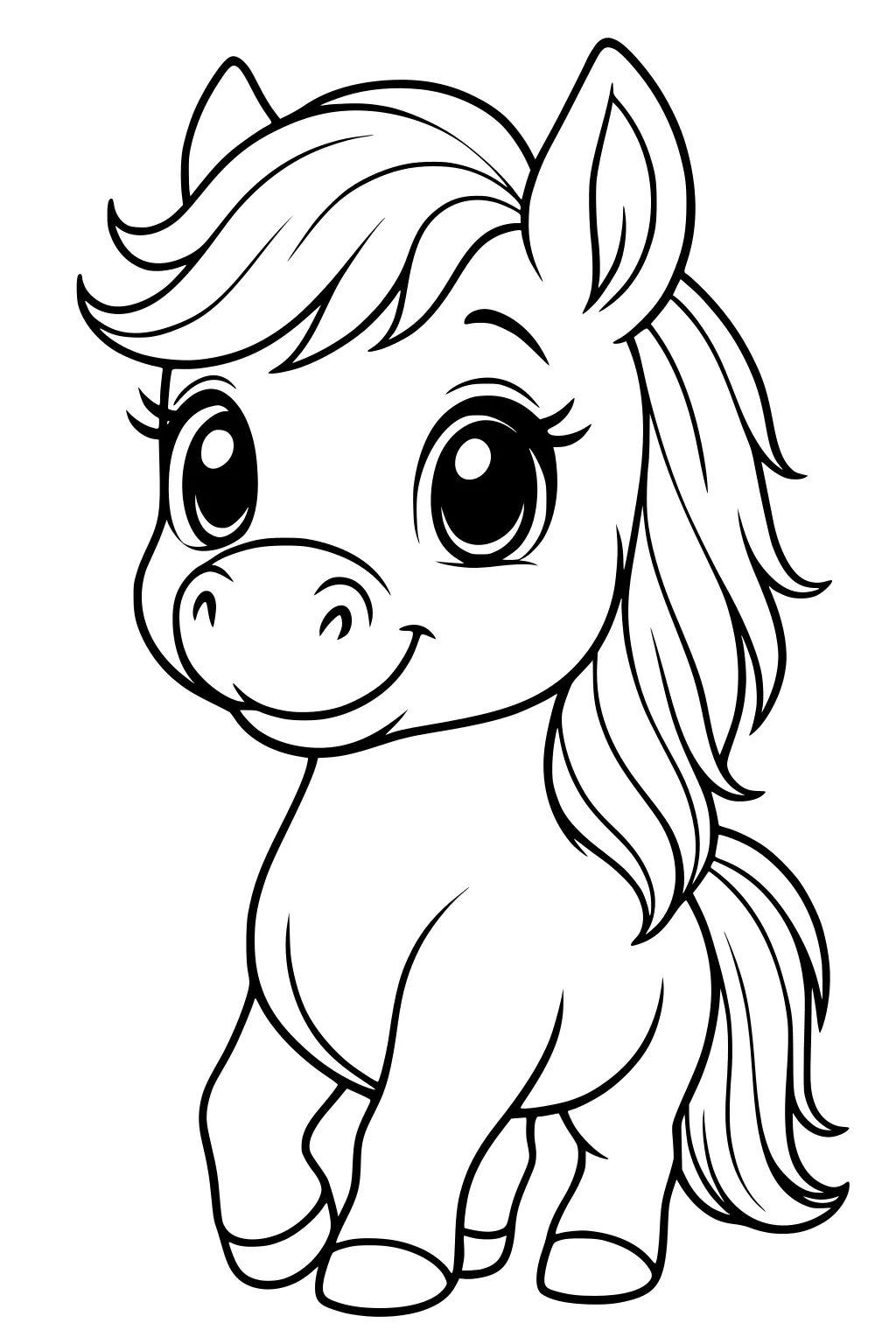 Cartoon horse with big eyes, flowing mane, upturned ears, and a playful smile on its face.