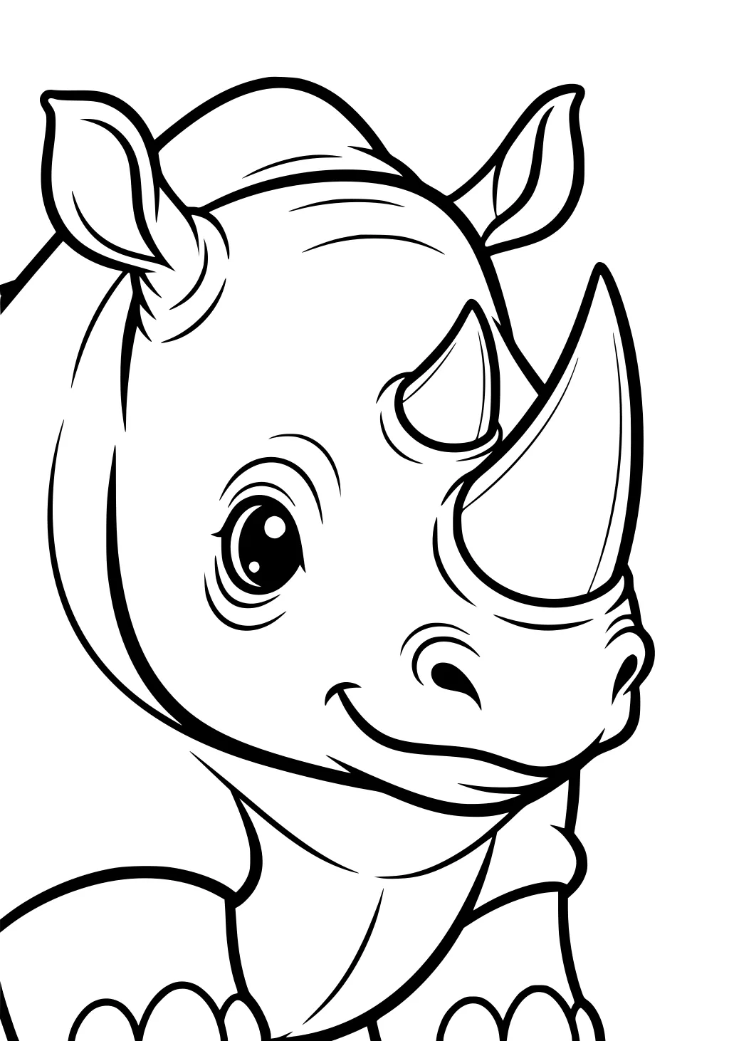 Friendly cartoon rhinoceros with big horn, smiling face, round eyes, two ears, and front legs visible.