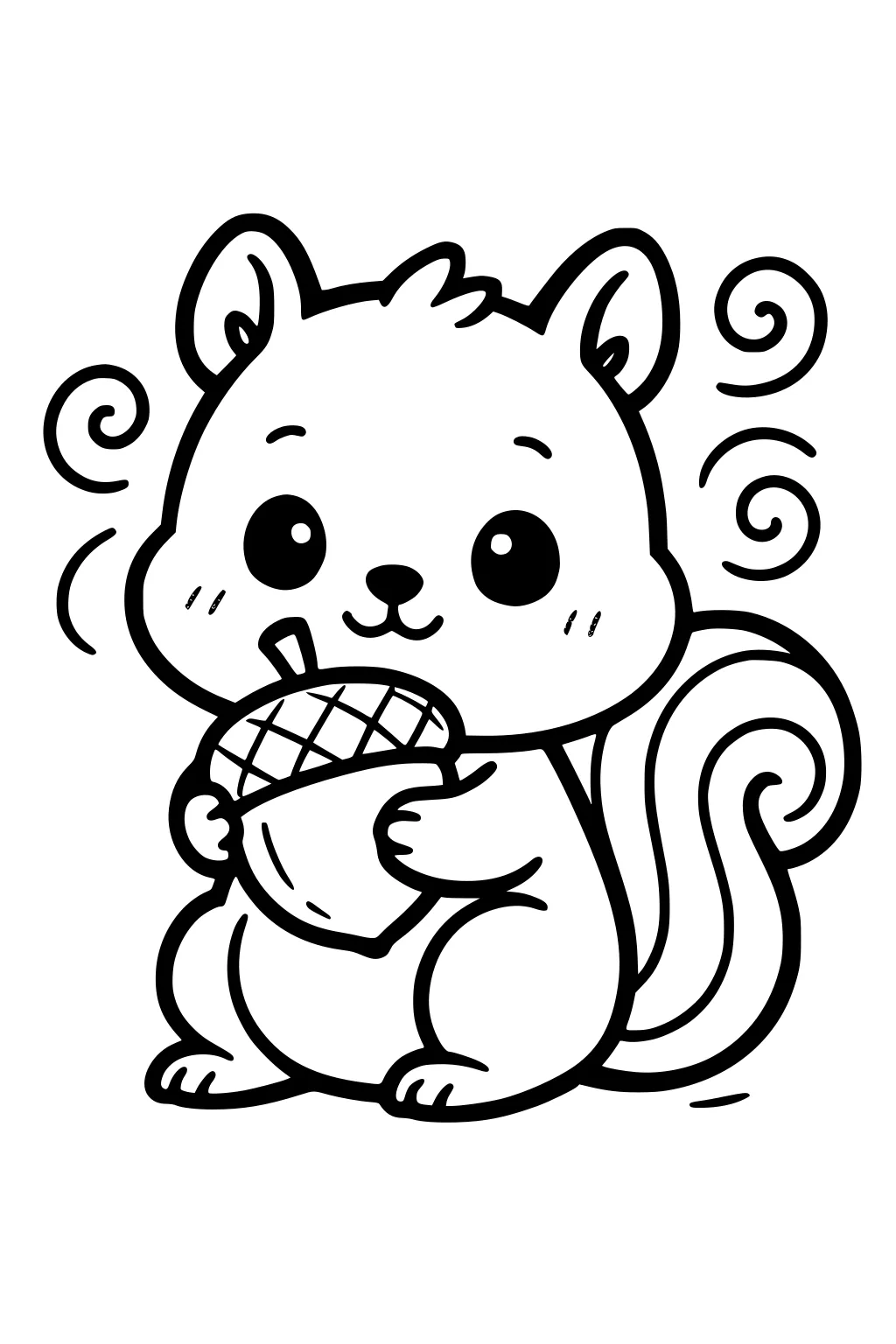 Cartoon squirrel holding an oversized acorn with swirly tail and round cheeks, outlined in thick black lines.