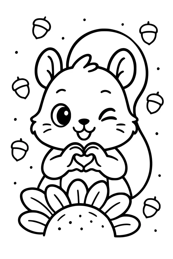 Free Squirrel Coloring Page - Cute Winking Squirrel With Sunflower (Printable PDF)