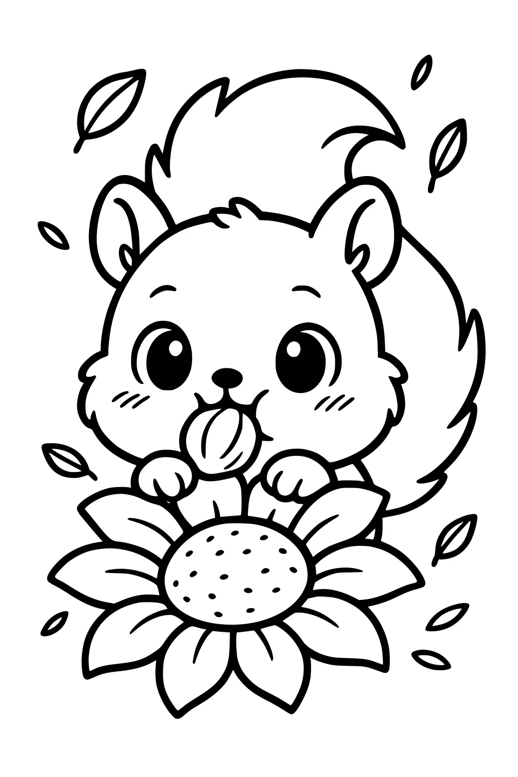 Cartoon squirrel with big eyes holding a nut, peeking over a sunflower with leaves falling around.