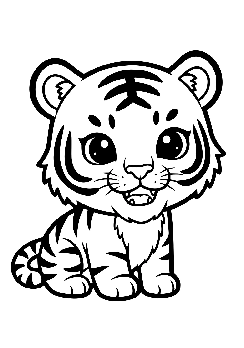 Cartoon baby tiger cub with round eyes, big ears, and striped fur, sitting and smiling with its mouth open.