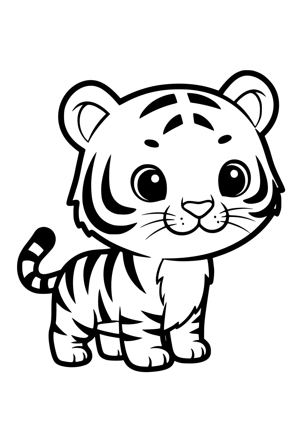 Cartoon tiger cub with big round eyes, bold stripes, and fluffy cheeks standing upright.