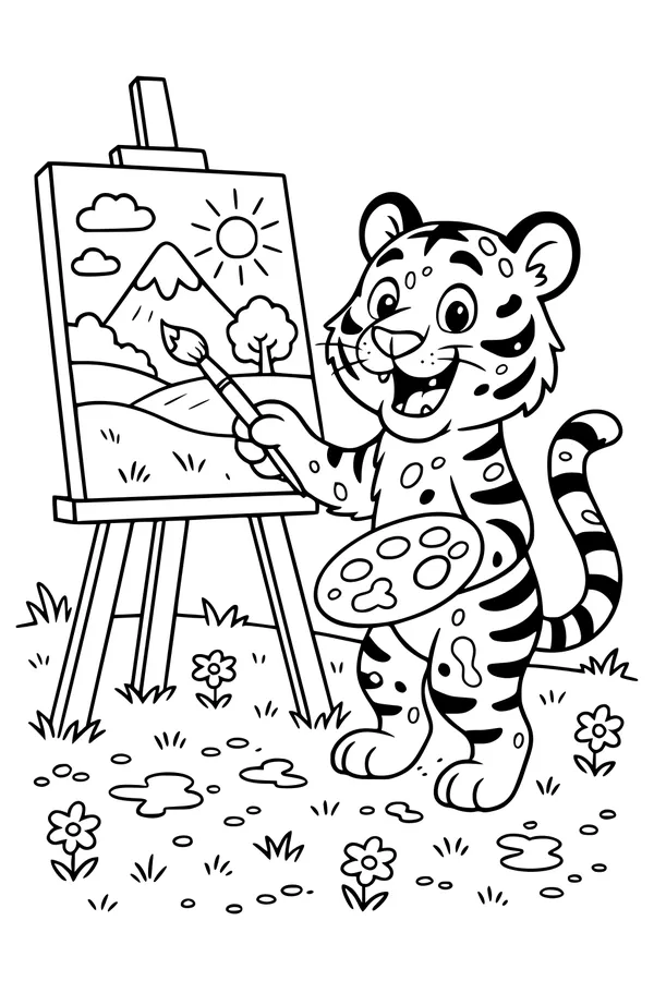 Free Tiger Coloring Page - Artistic Tiger Painting in a Flower Meadow (Printable PDF)