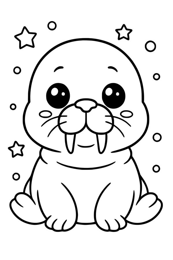 Free Walrus Coloring Page - Cute Cartoon Walrus Under the Stars (Printable PDF)