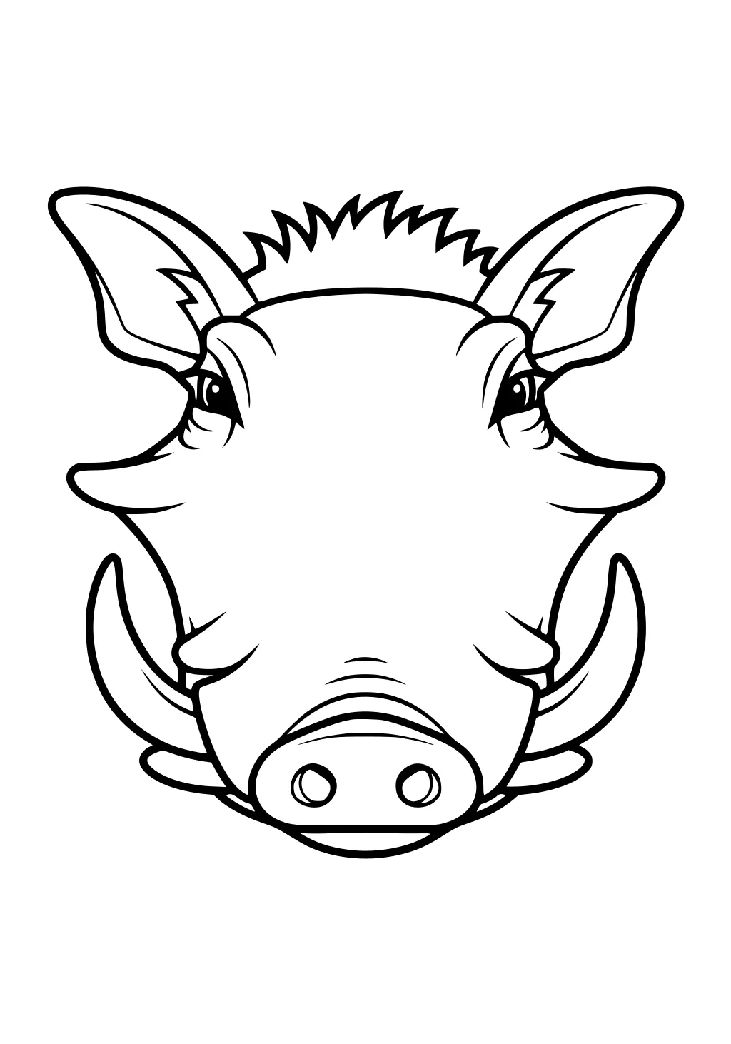 Black and white outline of a warthog face with big ears, curled tusks, and a wide round nose.