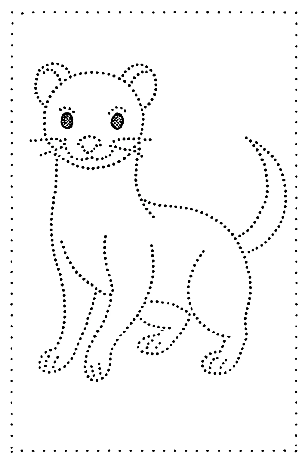 Dotted outline drawing of a sitting weasel with a curled tail and round ears, bordered by dots.