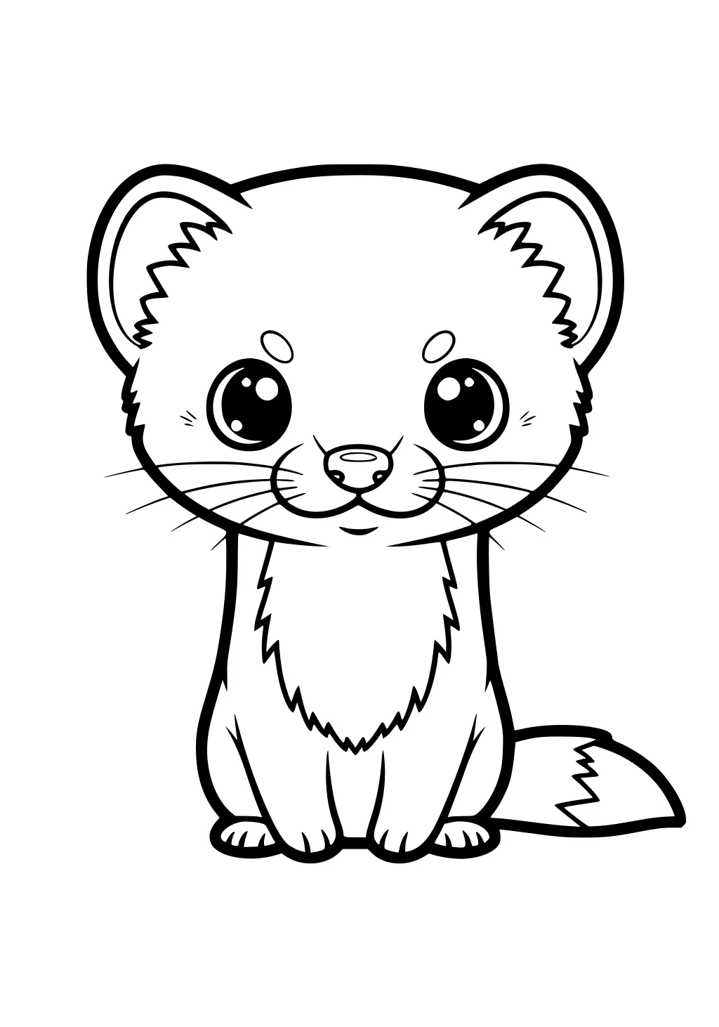 Cartoon weasel with large eyes, sitting forward, fluffy cheeks, rounded ears and a bushy tail curved next to its feet.