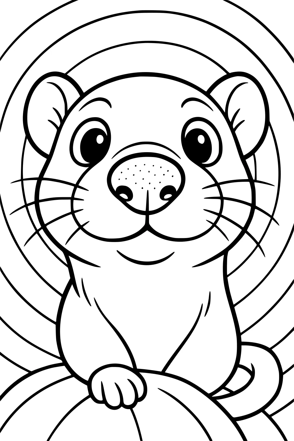 Cartoon weasel with large eyes and a round nose, sitting on a pumpkin with curved lines behind.