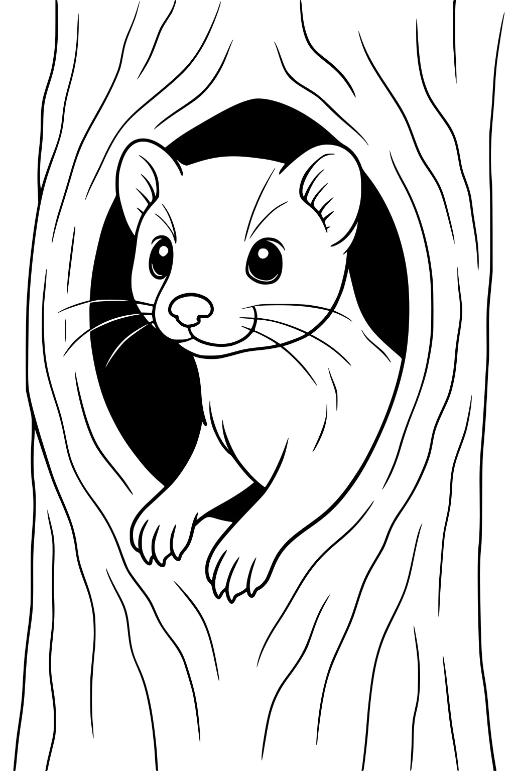 A weasel with big eyes and paws peeking out from a hole in a tree with textured bark.