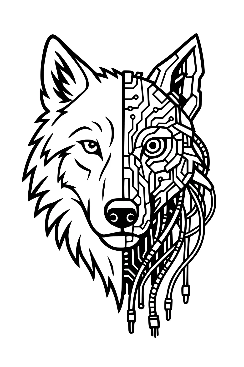 Half wolf half robot face with fur on left and circuit panels, cables, and a mechanical eye on right, black outlines on white.