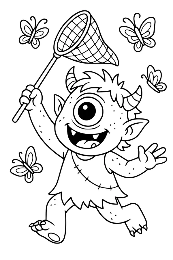 Free Cyclops Coloring Page - Cute Boy Chasing Butterflies (Printable PDF)