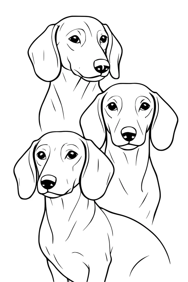 Free Dachshund Dog Coloring Page - Three Puppy Friends Sitting Together (Printable PDF)