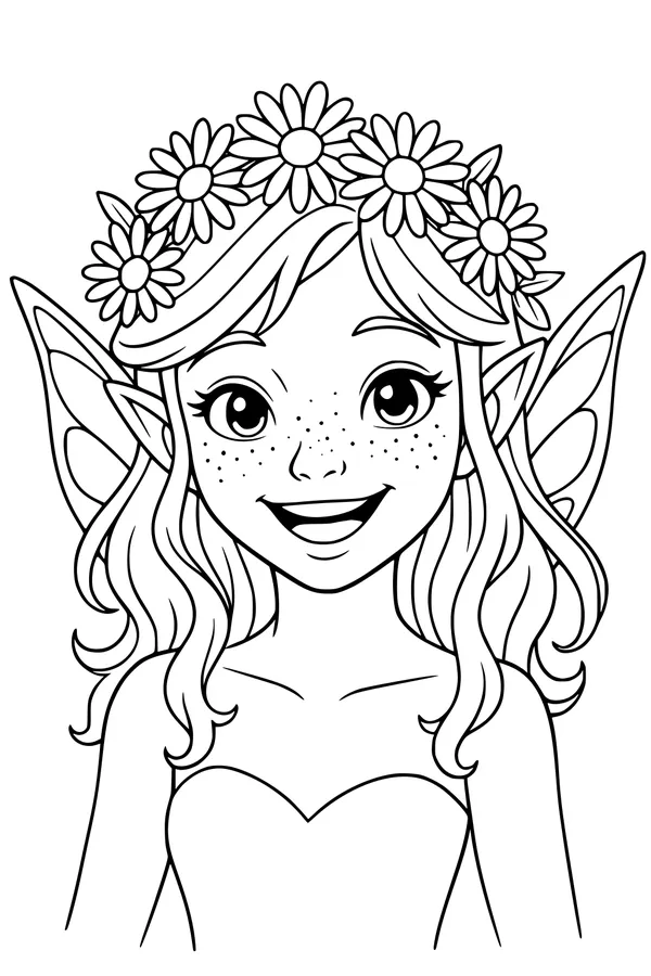 Free Fairy Coloring Page - Daisy-Crowned Forest Portrait (Printable PDF)