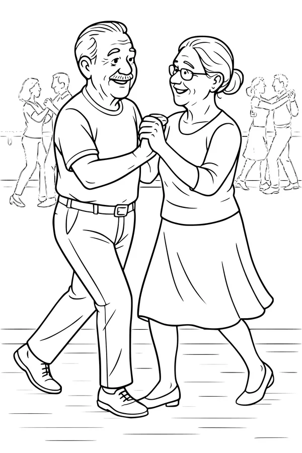 Free Grandparents Coloring Page - Elderly Couple Dancing Together (Printable PDF)