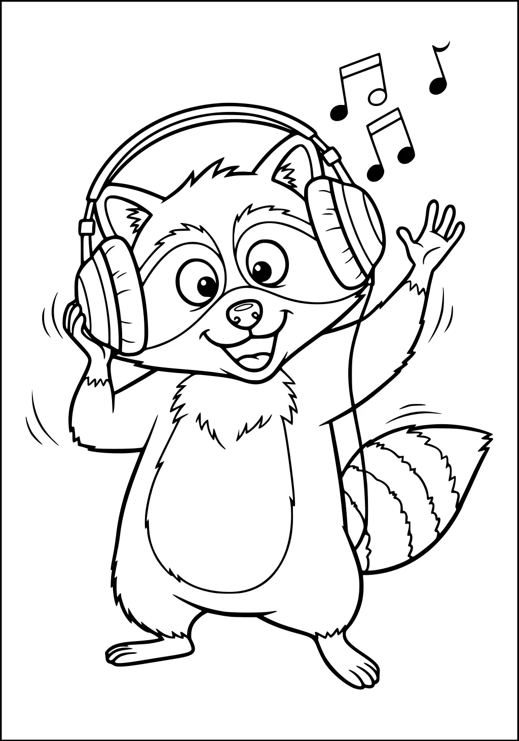 Cartoon raccoon with headphones, waving paw, music notes above head, fluffy striped tail.