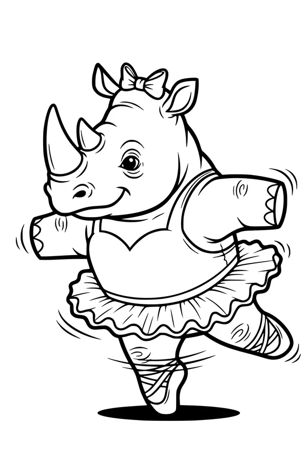 Free Rhinoceros Coloring Page - Cute Girl Rhino Ballerina Dancing (Printable PDF)