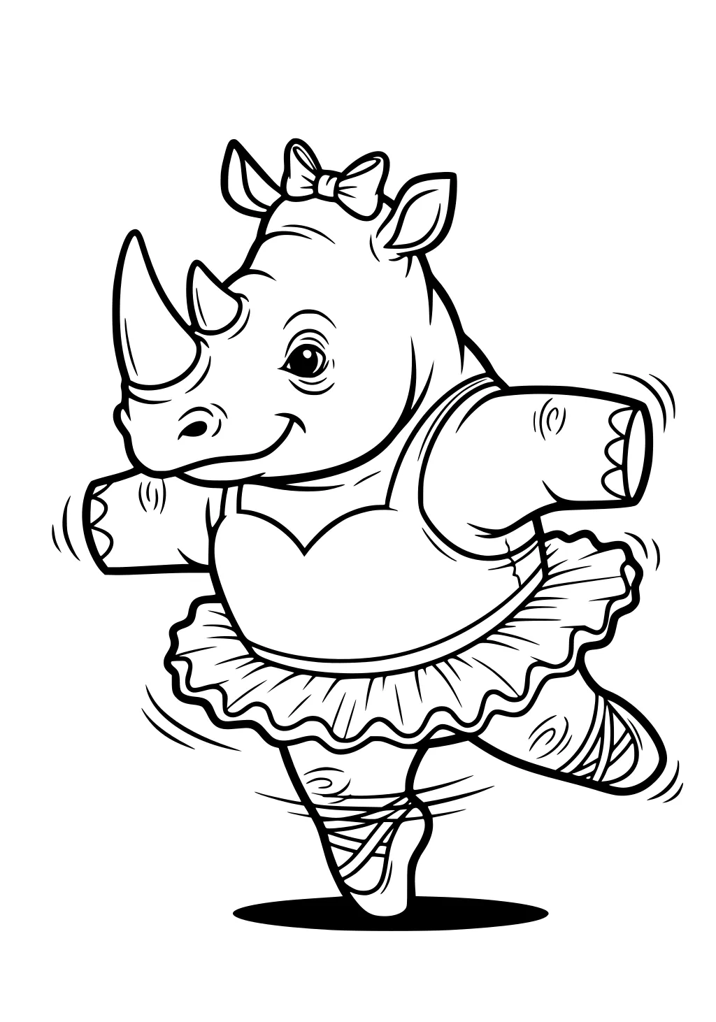 Girl rhinoceros in tutu and ballet slippers spinning on one foot with arms out, wearing a bow on her head.