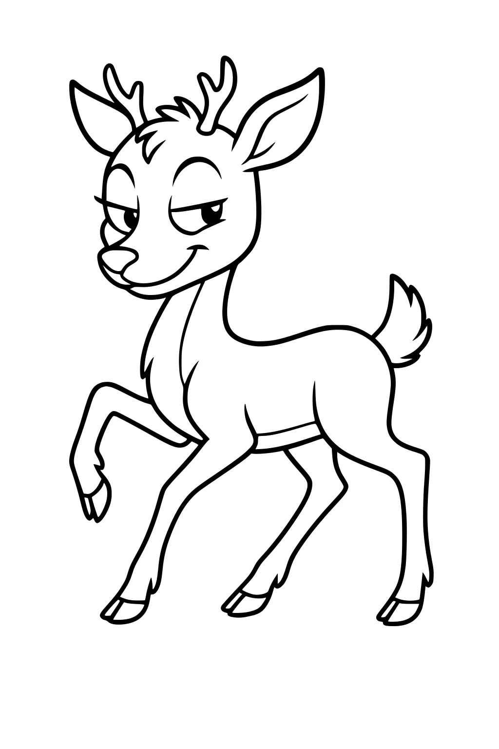 Cartoon deer with antlers and big eyes, smiling and lifting one hoof, standing alone on a blank background.