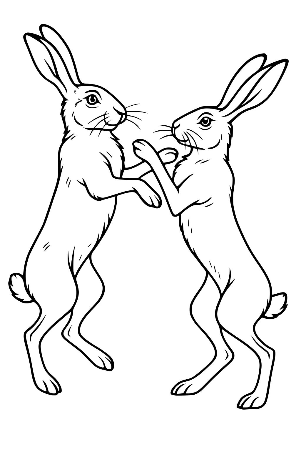Two upright hares facing each other with raised front paws, tall ears, and alert faces.