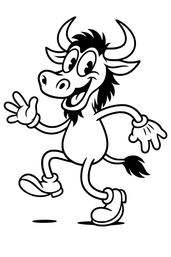 Free Wildebeest Coloring Page - Dancing Cartoon Gnu With Boots (Printable PDF)