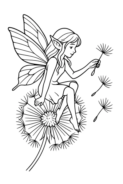 Free Fairy Coloring Page - Dandelion Garden Breeze (Printable PDF)