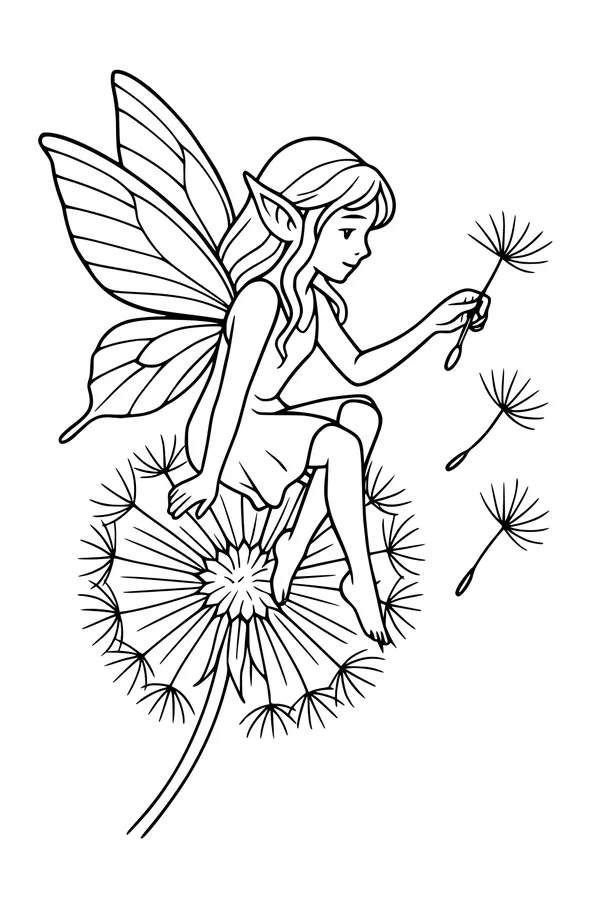 Free Fairy Coloring Page - Dandelion Garden Breeze (Printable PDF)