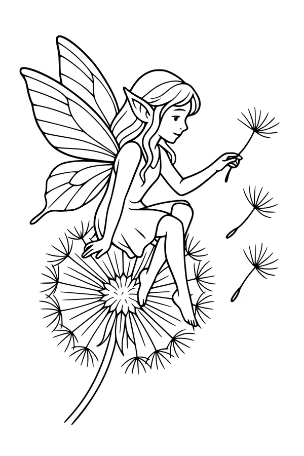Free Fairy Coloring Page - Dandelion Wishes Garden Scene (Printable PDF)