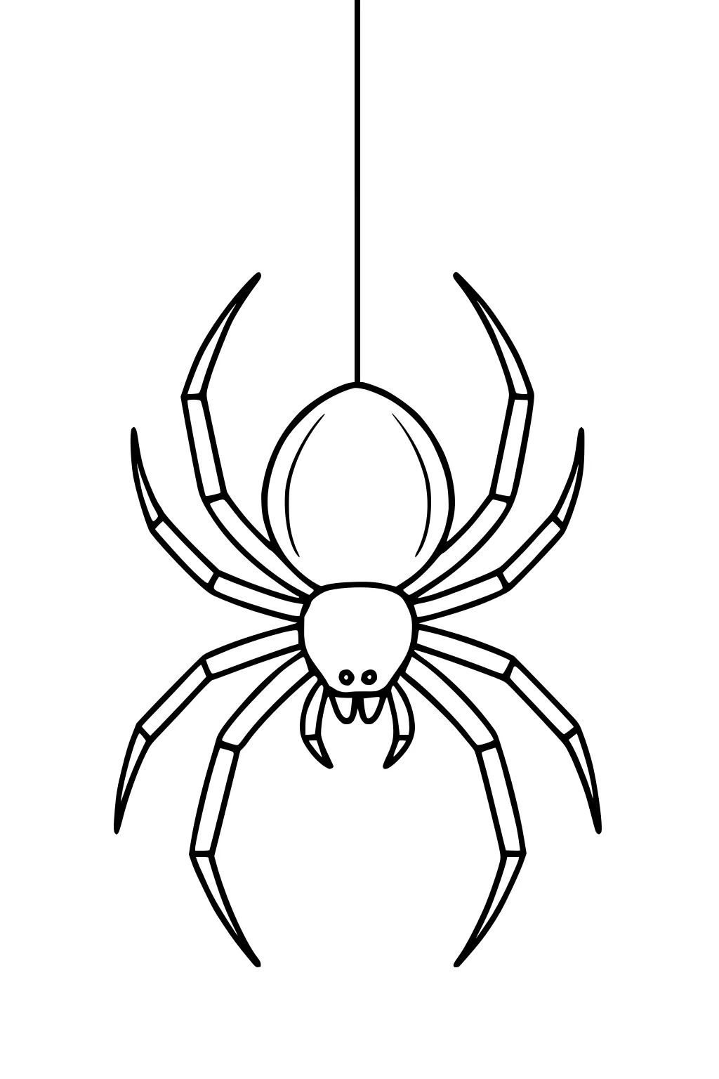 Friendly spider with eight legs hangs from a single thread; simple Halloween line art with round body, two eyes, and small fangs.