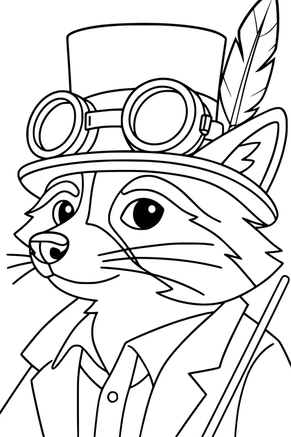 Free Raccoon Coloring Page - Steampunk Professor With Top Hat (Printable PDF)